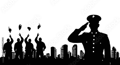 Silhouette of Soldiers Saluting and Throwing Caps in Cityscape