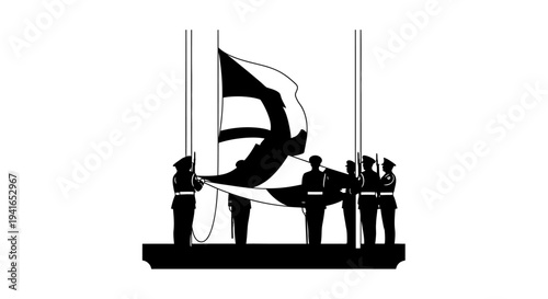 Silhouette of soldiers raising a flag on a flagpole, symbol of patriotism and national pride