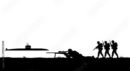 Silhouette of soldiers with sniper rifle and submarine on white background