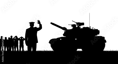 Silhouette of Tank and Soldiers Surrendering to Officer in Field