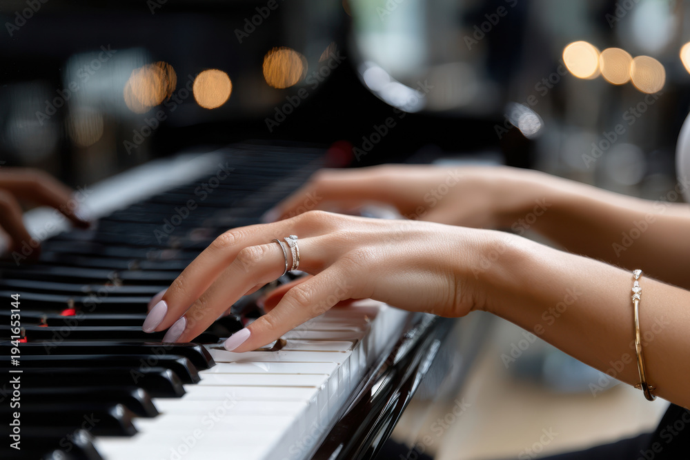 Obraz premium Woman playing piano with elegance in a cozy ambiance during evening hours