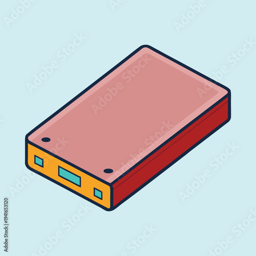 Isometric view of a power bank with multiple ports on light blue