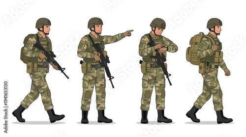 Four Cartoon Army Soldiers Posed in Military Action and Ready for Duty