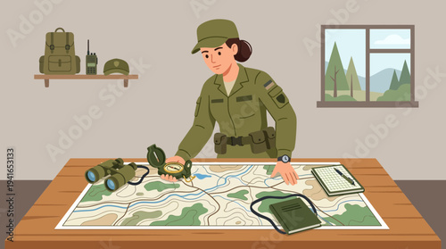 Female soldier meticulously examining a topographic map with a compass and binoculars for strategic planning.
