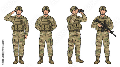 Army soldier in full uniform and tactical gear, demonstrating multiple poses including observation with binoculars.