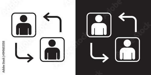 Two framed user profiles with arrows showing a directional flow or swap. Illustrates data migration, account transfer, switching users, or profile synchronization.