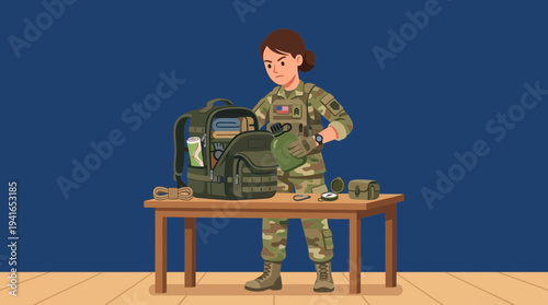 Female soldier meticulously packing military gear for deployment on a wooden table