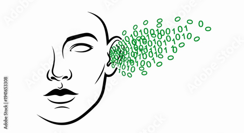 Abstract human face with binary code flowing from ear
