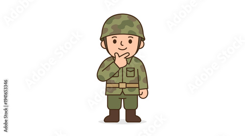 Cartoon soldier in military uniform with helmet thinking, isolated on transparent background.