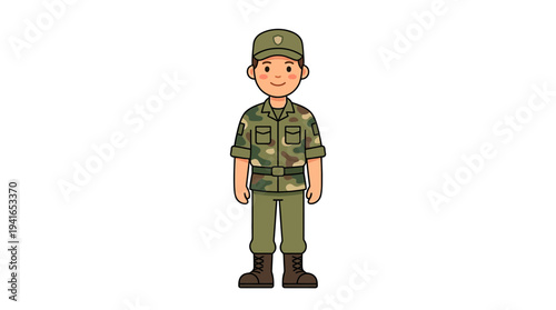 Friendly cartoon soldier in camouflage military uniform with hat and boots