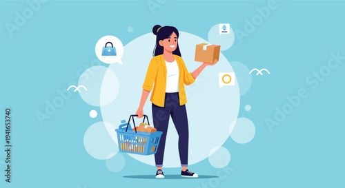 Smiling woman carries a full shopping basket and a delivery box while shopping for groceries and household items.