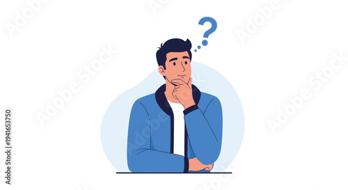 Pensive young man in a blue jacket looks up and touches his chin while thinking about a problem or a new idea.