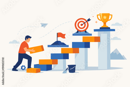 Man Building Staircase with Blocks to Reach Target and Gold Trophy, Concept of Career Growth, Personal Development, Goal Achievement, and Business Success, Simple Flat Vector Illustration.