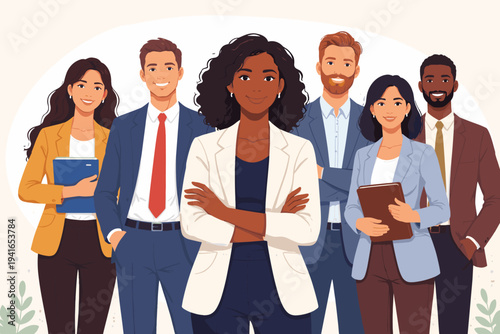 Diverse group of professional business people with a confident Black female leader. Multinational inclusive team in formal office attire. Simple flat vector illustration for corporate teamwork.