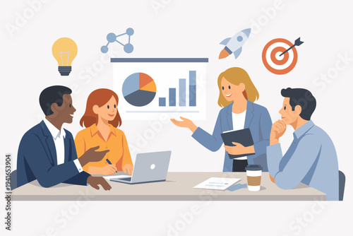 Diverse business team of men and women collaborating in a modern office meeting. A female leader presents data charts while colleagues discuss new project ideas, startup strategies and goals.