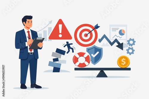 Professional businessman risk management specialist analyzing financial data, identifying hazards, and implementing safety measures with icons of target, warning sign, lifebuoy, shield, and scale.