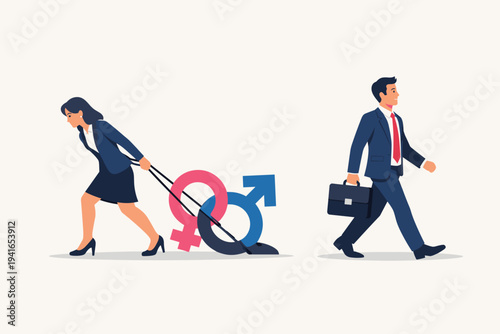 Businesswoman Struggling to Drag Heavy Gender Symbols Representing Inequality and Burden While Businessman Walks Freely with Briefcase, Concept of Gender Gap and Workplace Discrimination Vector
