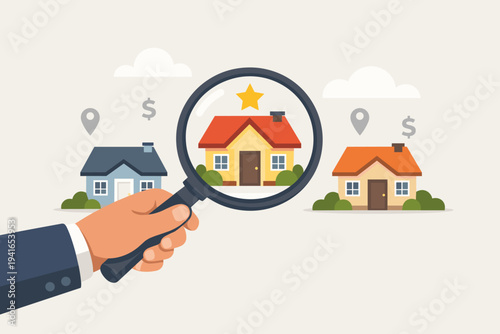 Businessman Hand Holding Magnifying Glass Searching for the Best Real Estate House Deal. Concept of Property Investment, Home Buying, Market Analysis, and Choosing the Perfect Dream Home.