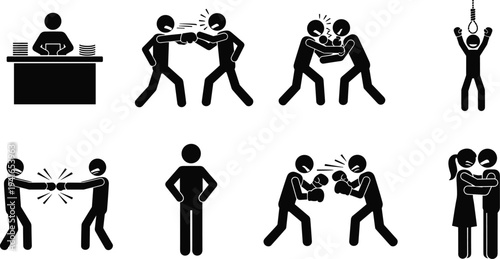 Human Conflict and Emotion Stick Figure Icon Set Showing Fighting, Office Stress, Aggression, Punishment and Hugging Relationship SituationsHuman Conflict and Emotion Stick 