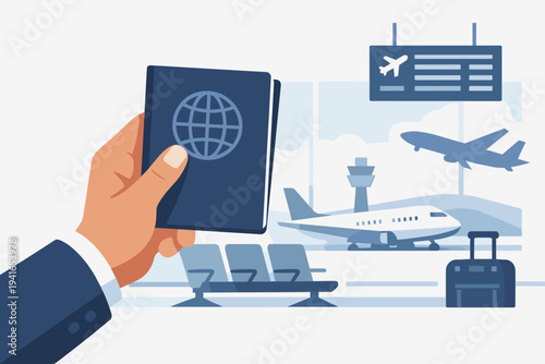 Businessman Hand Holding Passport at Airport Terminal with Airplanes and Departure Board. Flat Vector Illustration of International Travel, Tourism, Immigration, and Business Trip Concept.