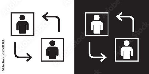 Two framed user profiles with arrows showing a directional flow or swap. Illustrates data migration, account transfer, switching users, or profile synchronization.