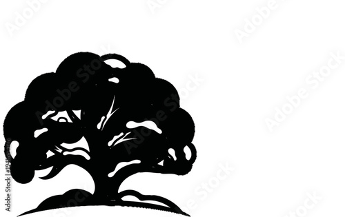 Black stylized tree silhouette with rounded canopy and visible branches