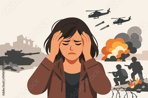 Stressed and Anxious Woman Suffering from Trauma in a War Zone with Explosions, Tanks, and Soldiers, Mental Health Concept of PTSD, Fear, and Depression in Conflict Areas, Flat Vector Illustration