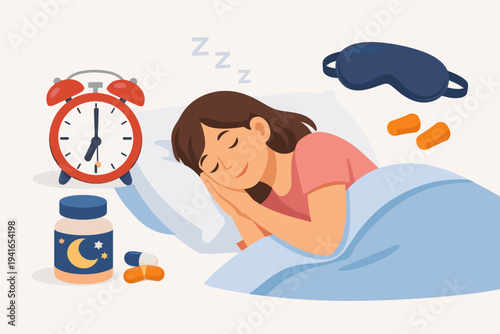Woman sleeping peacefully in bed with alarm clock, sleeping pills, eye mask, and earplugs. Concept of healthy sleep hygiene, insomnia treatment, and deep rest. Vector flat style illustration.