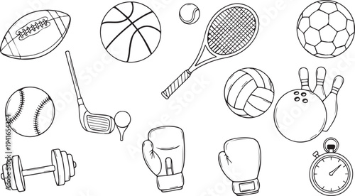 Set of 13 sports icons vector, line art, black and white