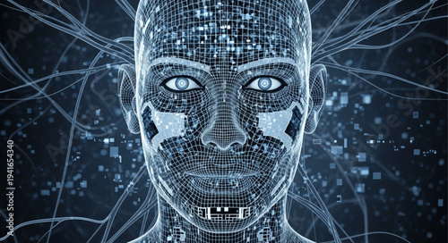 Futuristic Digital Human Face with Data Network.