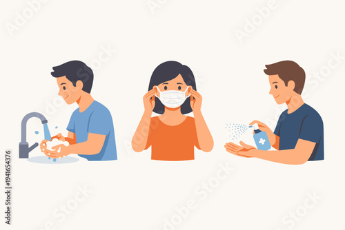 Flat Vector Illustration of People Practicing Hygiene: Man Washing Hands with Soap, Woman Wearing a Face Mask, and Man Using Hand Sanitizer Spray for COVID-19 Prevention and Personal Health Safety.