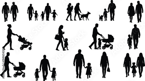 Family Silhouettes Set with Parents and Children Walking, Holding Hands, Pushing Baby Stroller and Walking Dog, Parenting Lifestyle CollectionFamily Silhouettes Set with Parents and 