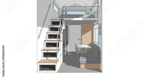 Interior architectural rendering of a modern loft with staircase leading to upper level, desk and seating area below, in gray and beige tones.