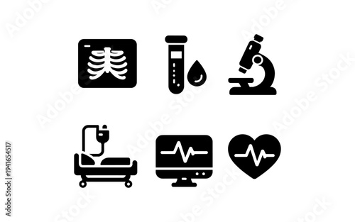 Collection of medical icons representing healthcare, research, and patient care