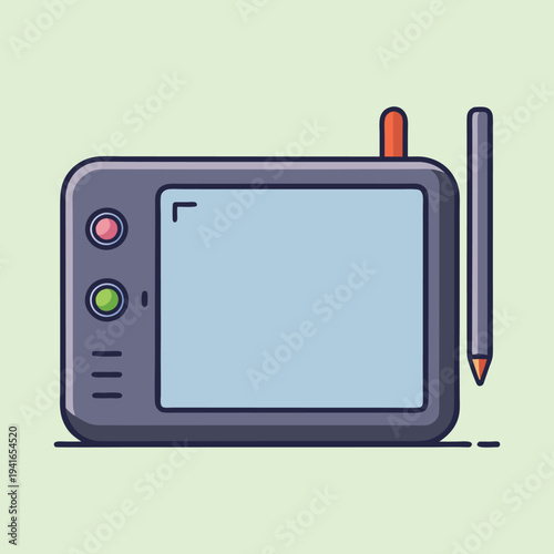 Stylized digital art tablet with buttons, stylus and antenna on green background