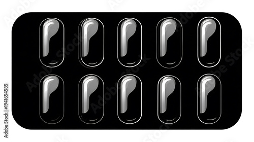 An isolated shot of a blister pack containing ten medication tablets, perfectly aligned and ready for use. The pack features a sleek design, accentuating the individual capsules within.
