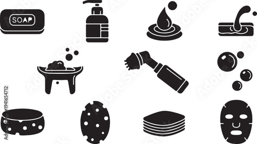 Set of 12 Black Silhouette Skincare and Beauty Product Icons Vector for Spa, Hygiene, and Cosmetic Design Elements