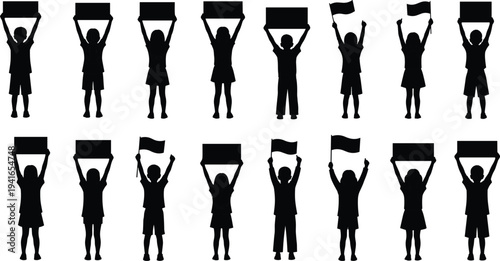 Children Protest Silhouettes Holding Blank Signs and Flags, Kids Demonstration Crowd Raising Banners for Activism, Rally, Social Awareness Concept