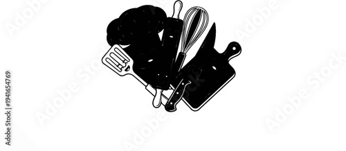 Cartoon kitchen tools and chef hat arranged whimsically