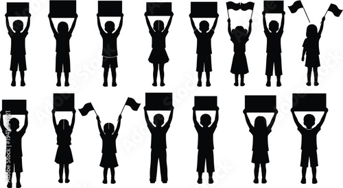 Children Protest Silhouette Set with Kids Holding Blank Signs and Flags, Demonstration and Social Awareness Vector IllustrationChildren Protest Silhouette Set with Kids Holding 
