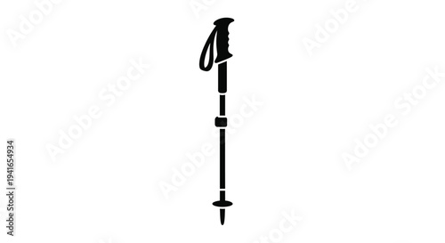 A black trekking pole stands vertically against a white background silhouette