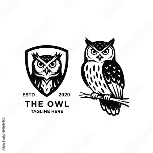 Stylized nocturnal owl illustration set, featuring an emblem design and a perched vector bird