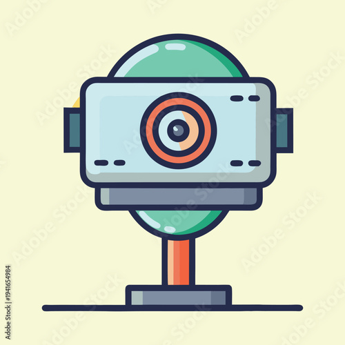 Vintage futuristic camera robot icon with colorful geometric design elements