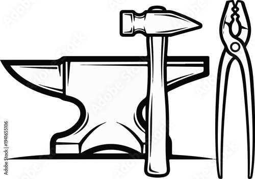 Blacksmith's tools anvil, hammer, and tongs, rendered in a bold outline style