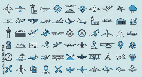 Collection of Aviation Icons - Diverse Aircraft and Airport Elements.
