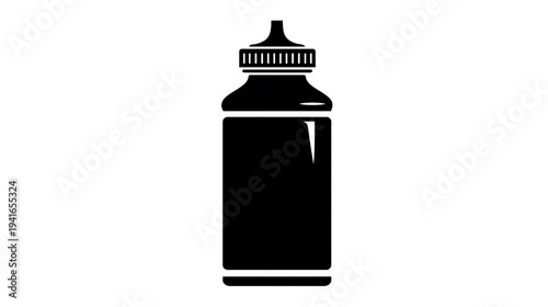 A minimalist monochrome image featuring a squeeze bottle with a nozzle and a cap. It is devoid of color, highlighting its shape