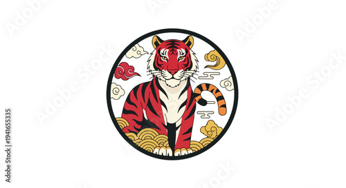 Vibrant illustration of a red tiger surrounded by gold coins and symbols within a black circle on a white background with a mix of red and orange hues.