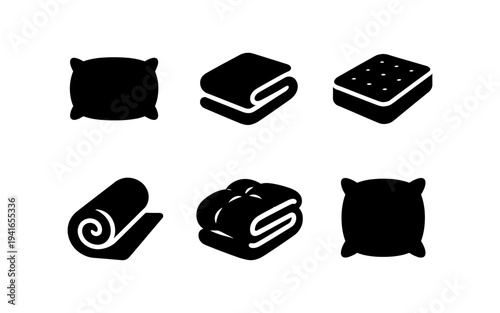 Collection of bedding icons including pillows, folded blankets, a rolled towel, and a mattress