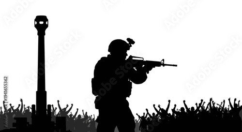 Silhouette Soldier Aiming Rifle Amidst Crowd and Tower