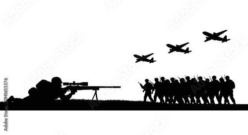 Silhouette Sniper Aiming at Marching Soldiers and Airplanes Flying Overhead